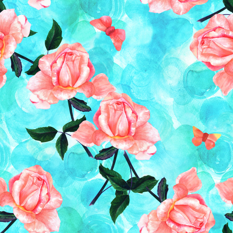 Paxtonia Watercolour Rose And Butterfly On Teal - Wrapped Canvas Painting, 122cm H x 122cm W x 3.8cm D