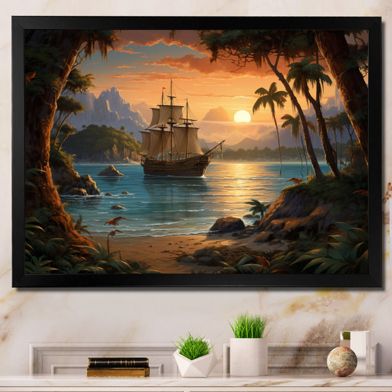Pirate Boat Lost Isles - Pirate, reproduction d'art sur toile encadrée, Cadre simple noir, H 34 po x l 44 po x P 1,5 po