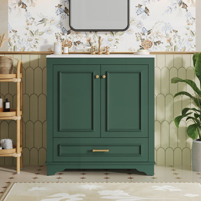 Meuble-lavabo de 30 pouces avec lavabo en céramique, 2 portes à fermeture douce et cadre en bois massif pour un rangement élégant