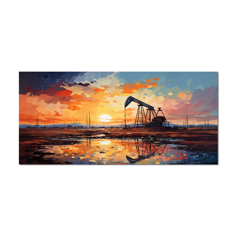«Orange Oil Rigs Pumpjack In Texas II», art mural «Oil Rigs / Fields», Toile tendue, H 28 po x l 60 po x P 1,5 po