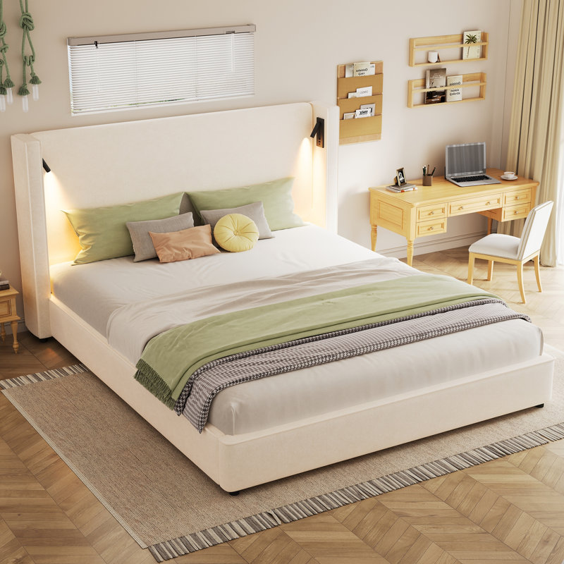 Base de lit rembourrée avec tête de lit haute à oreilles, lampe de lecture et port USB