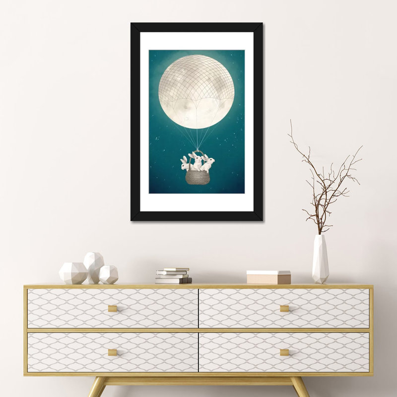 Moon Bunnies - Impression sur toile tendue, H 24 po x l 16 po x P 1 po, Papier beaux-arts encadré noir