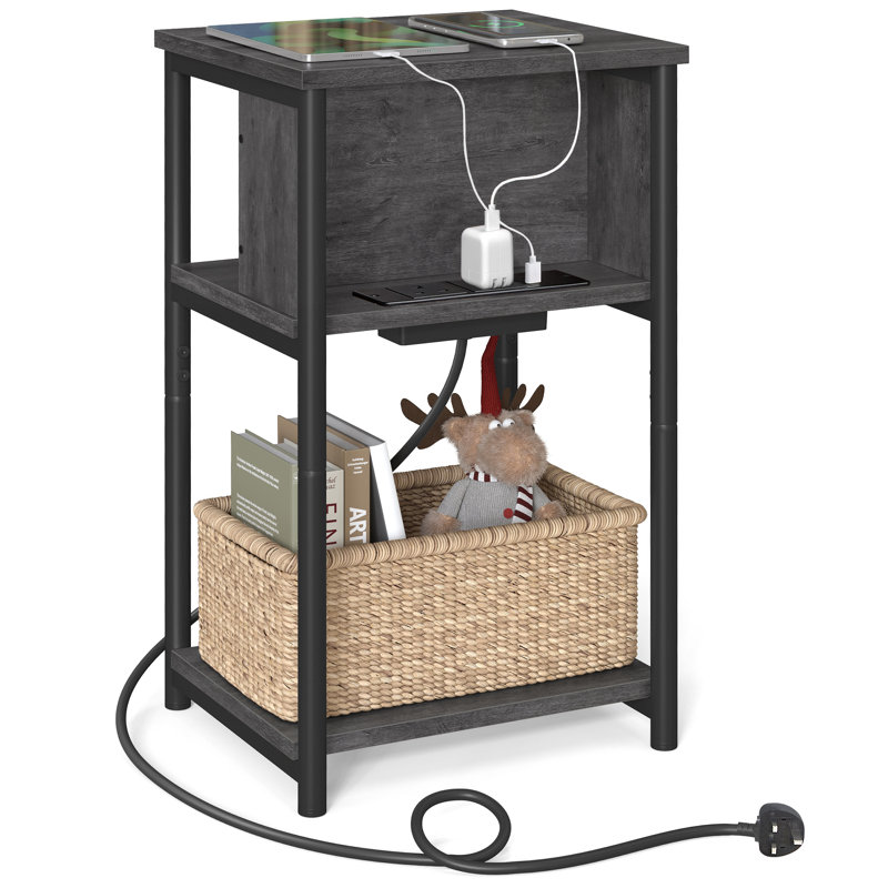 Alce End Table with Built-In Outlets, Charcoal Grey