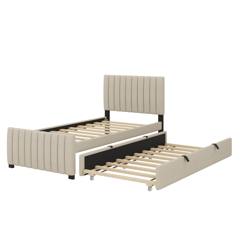 Lit plateforme simple recouvert de velours avec lit gigogne simple, Beige