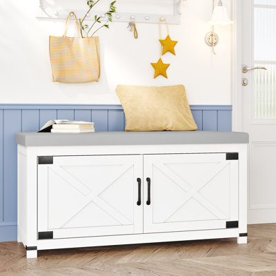 Shoe Storage Bench with Padded Seat, 2 Tier Shoe Rack Bench with Barn Doors, Adjustable Shelves, Shoes Cabinet with Cushion for Hallway, Living Room, Bedroom, Entryway