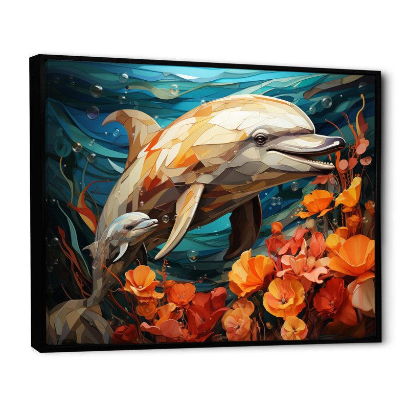 «Dolphin Marine Symphony Geometric - Dolphin», art mural, H 12 po x l 20 po x P 1 po, Cadre flottant noir