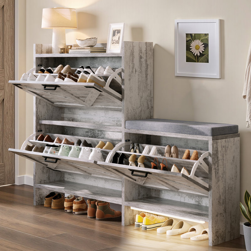 Chimira Farmhouse 24 Pair Shoe Cabinet With Bench, Motion Sensor Light & 3 Flip Drawer, Rustic White