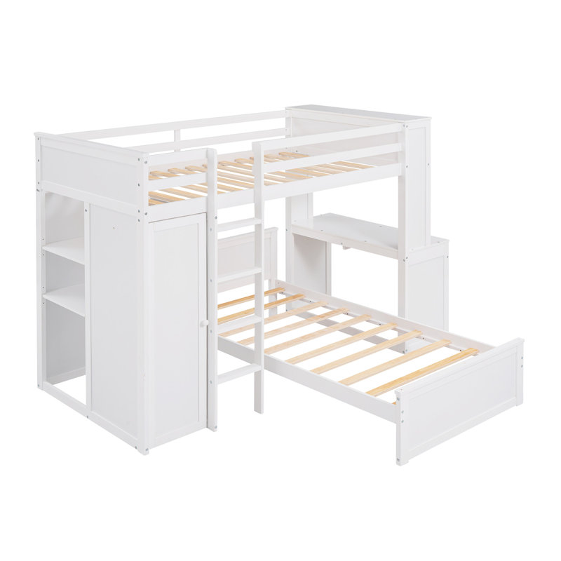 Lit mezzanine simple avec lit autonome, tablettes, bureau et garde-robe - blanc, Lit simple, Blanc