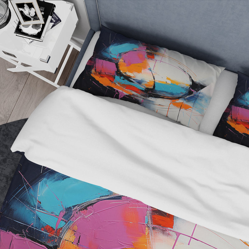 Ensemble de housse de couette abstrait bleu et rose, Housse de couette simple + 1 taie décorative stan