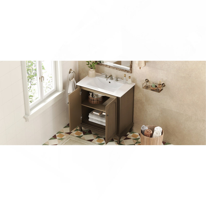 Meuble-lavabo vintage 30 po avec lavabo en céramique, meuble-lavabo avec poignées antiques, brun antique