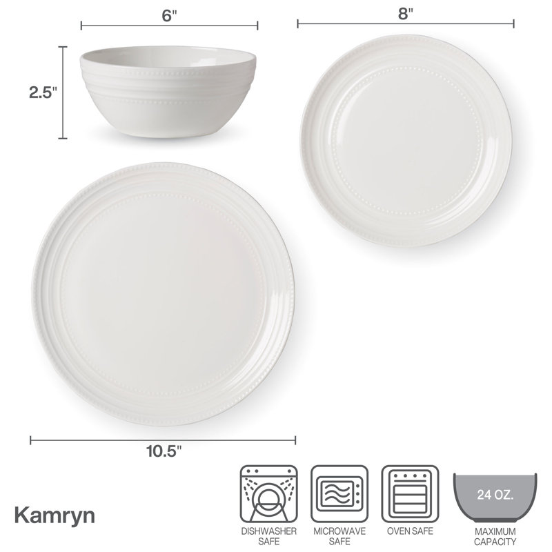 Kamryn 12-Piece Lightweight Chip-Resistant Bone China Dinnerware Set, Service for 4