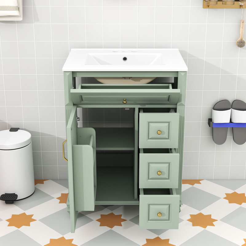 Meuble-lavabo de salle de bain avec comptoir en céramique, tablette réglable, tiroir rabattable et 3 tiroirs, Vert