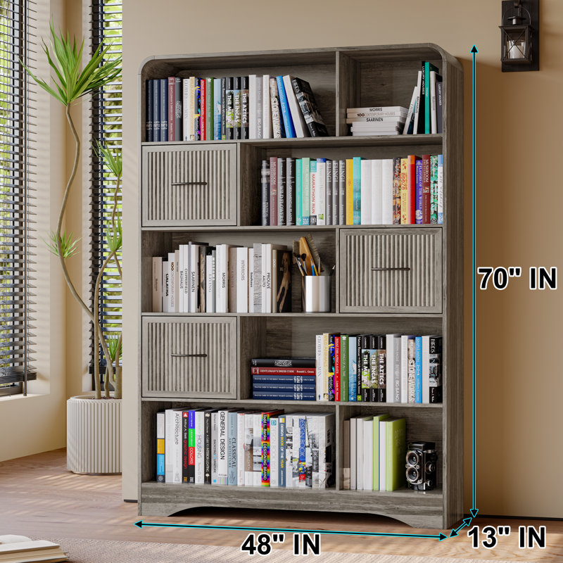 Bookshelf with Storage 3 Bins,70" Tall Bookcase,Arched 5-Tier Open Bookshelves and Bookcases,Farmhouse Wooden Billy Bookcase Display Rack for Bedroom, Living Room, Office,Grey