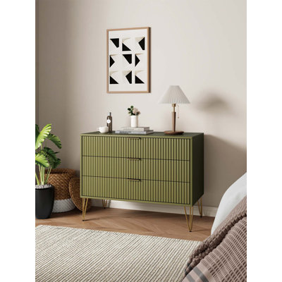 Commode cannelée 35 po Dumbo - vert olive (3 tiroirs)