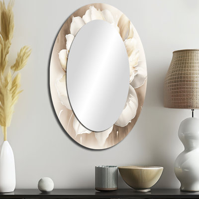 Simple fleur beige II - grand miroir mural ovale sur métal