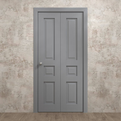 Portes coulissantes pliantes pour placard 36 x 84 pouces Ego 5012, chêne gris peint, rails robustes, moulures, garnitures, quincaillerie, bois massif, portes de placard de chambre