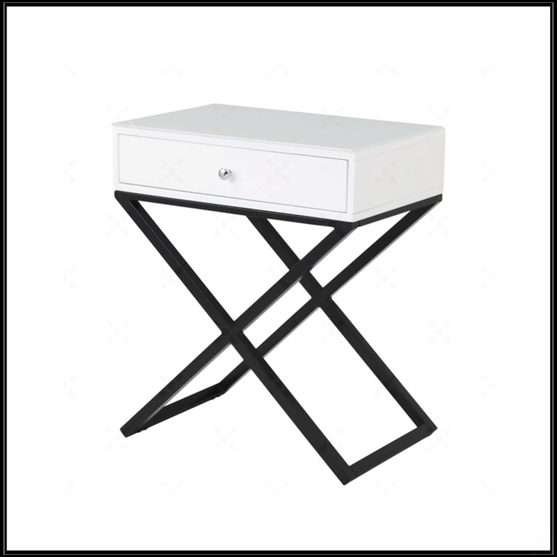 Table de chevet blanche avec plateau en verre, Blanc