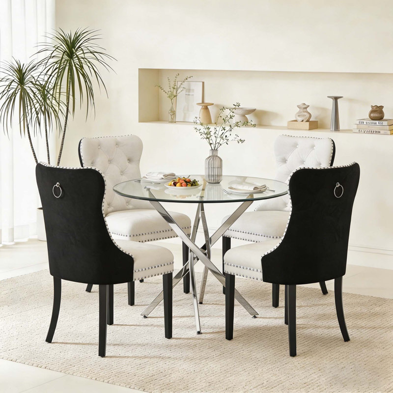 5-Piece Round Glass Table Set With Velvet Chairs – Metal Base, Seats 4, 5 Pieces: Table, 4 Chairs, White/Black, Silver