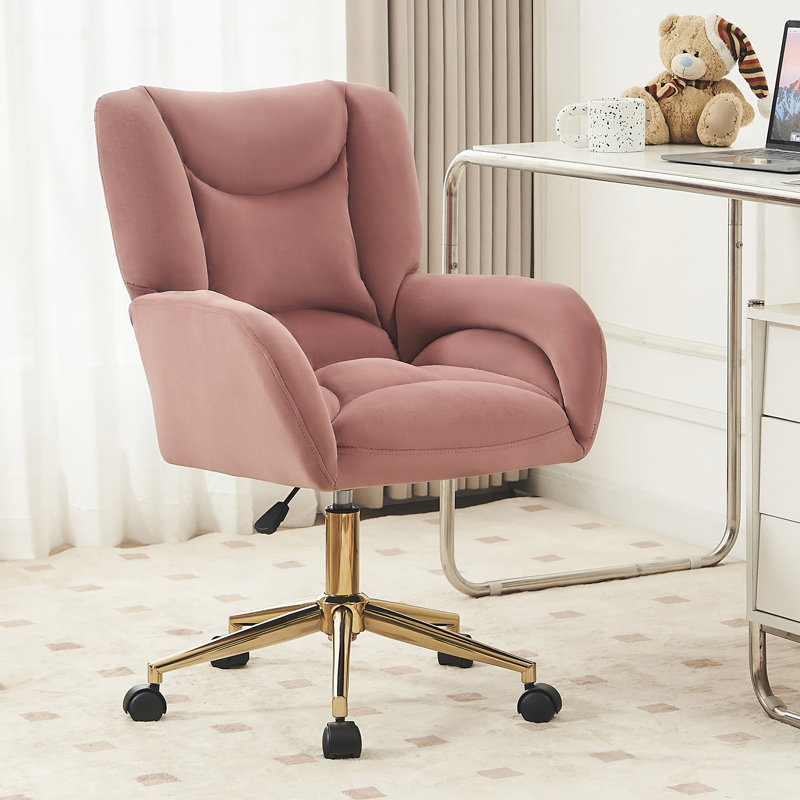 005R-Velvet Fabric 360 Swivel Home Office Chair With Gold Metal Base And Universal Wheels, Dark Pink