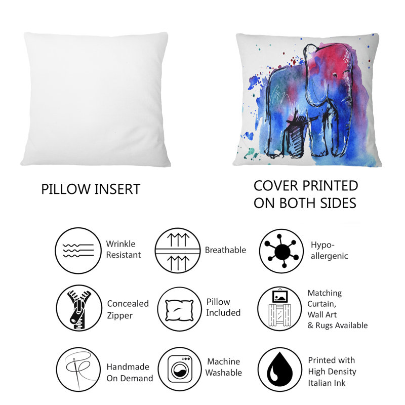 Impression d'éléphant bleu et rouge - Coussin décoratif imprimé traditionnel 1