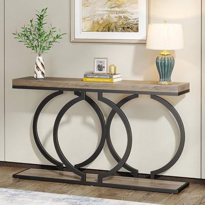 Console industrielle de 55 po - Canapé d'entrée long et étroit avec structure en métal géométrique et plateau en bois gris rétro, parfait pour un décor moderne et rustique