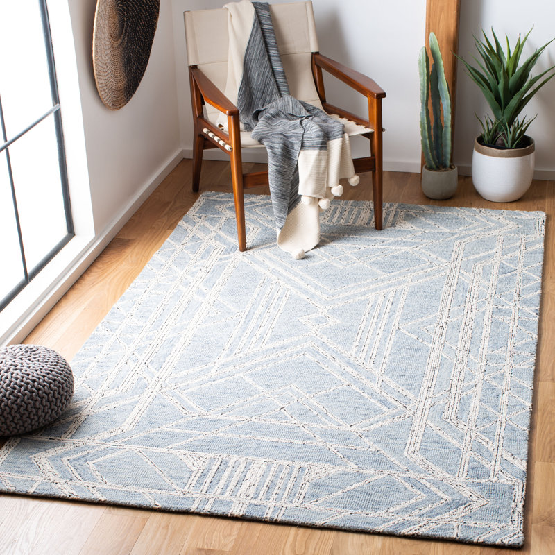 Rosalind Geometric Handmade Tufted Wool and Cotton Light Blue/Ivory Area Rug, Rectangle 8' x 10'
