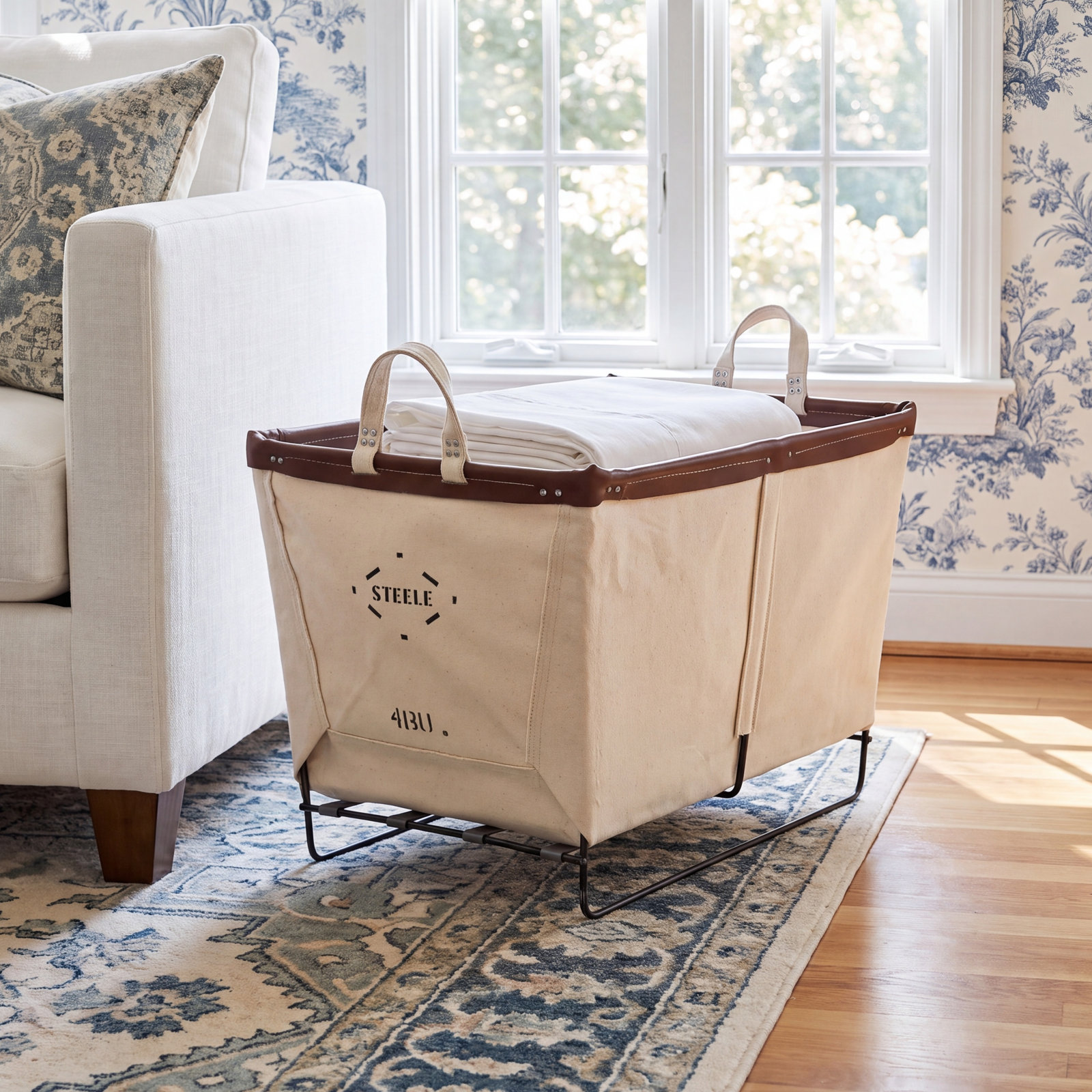 Canvas Carry Basket 4bu, Natural Canvas with Brown Leather Rim, Small (5" H x 15" W x 23" D)