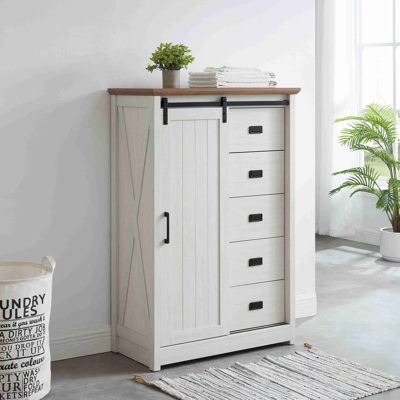 5 Drawers Dresser W/Sliding Barn Door, Farmhouse Modern Tall Dresser 5 Chest Of Drawers, Storage Organizer Dresser For Bedroom, Hallway, Living Room, Kids Room