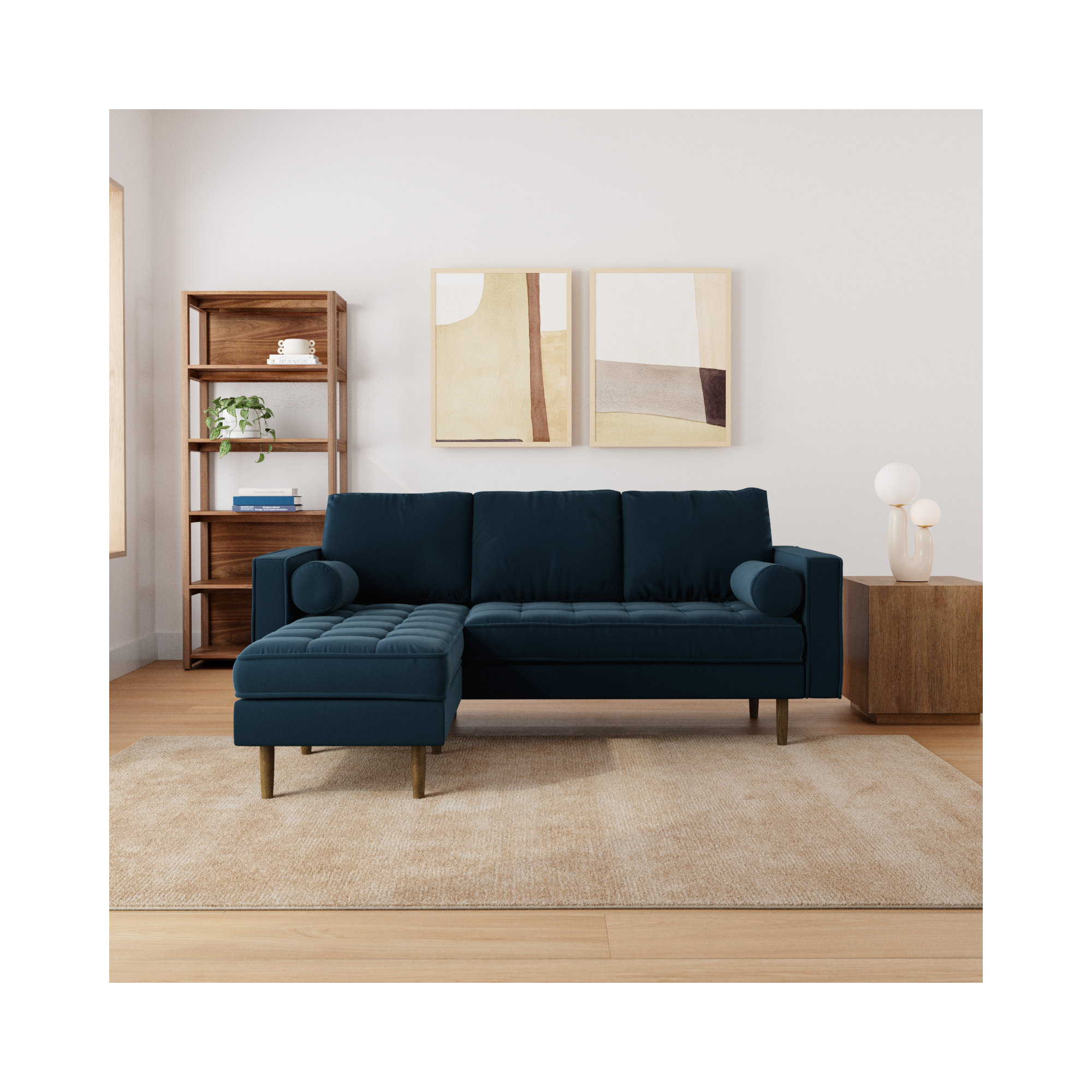 Geo 84" Wide Reversible Sofa and Chaise, Bella Ink Blue Performance Velvet