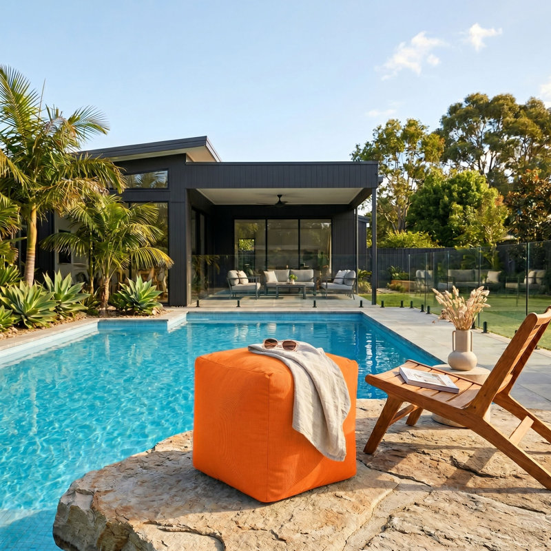 Breseis Outdoor Ottoman Pouf, Orange