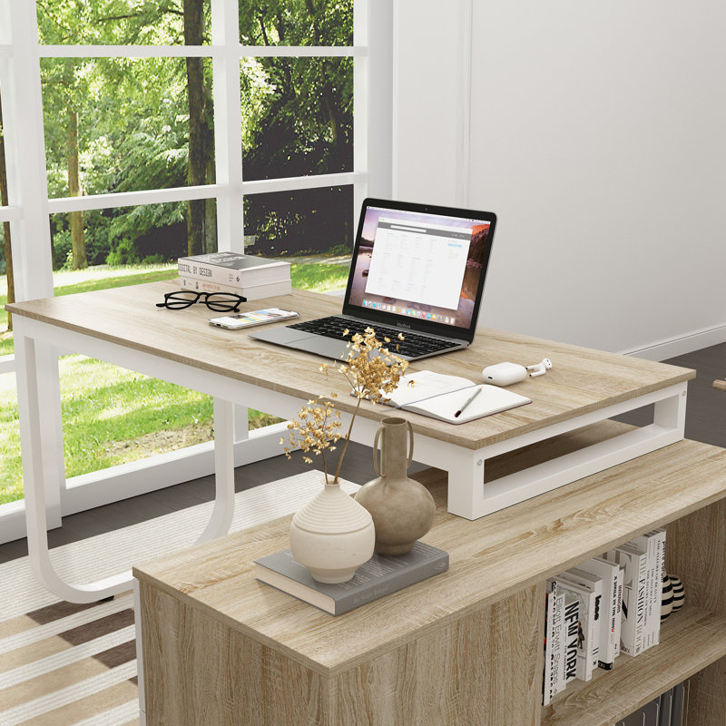 Akirah L-Shaped Iron Writing Desk, White, Natural