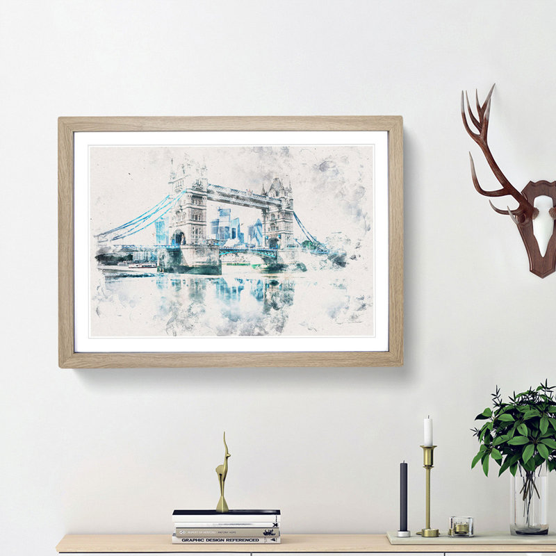 London Bridge Watercolour - Picture Frame Graphic Art Print, Oak Framed, 33cm H x 45cm W x 2cm D
