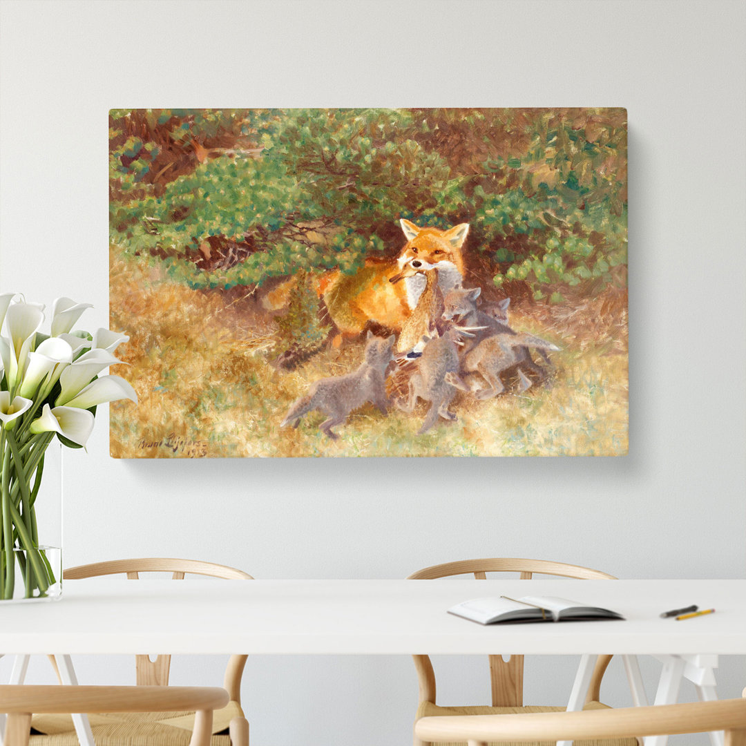 Fox And Cubs by Bruno Liljefors - Wrapped Canvas