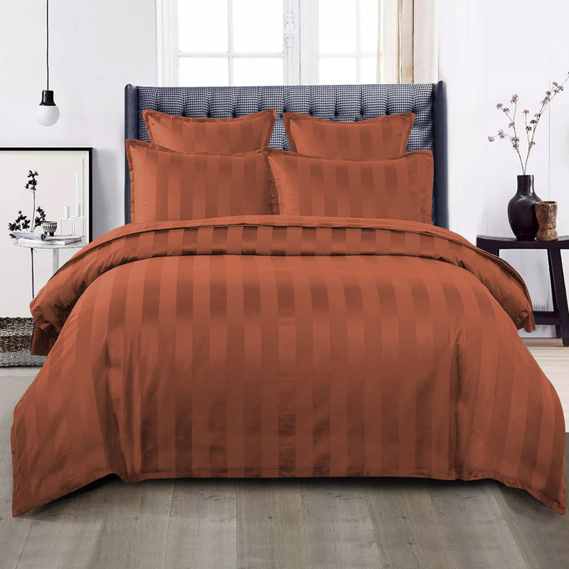 Renze Microfiber 250 TC Reversible Stripe Duvet Cover Set with Pillowcases, Rust, King Duvet Cover + 2 Standard  Pillowcases