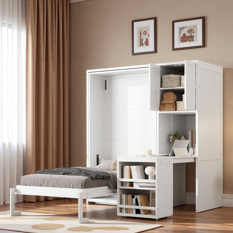 Lit escamotable simple avec bureau roulant, armoire de rangement et bibliothèque, Blanc
