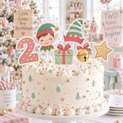 Ensemble de décorations de gâteau d'anniversaire « Petit lutin de Noël » personnalisé selon l'âge (8 ans), en papier cartonné rose menthe (Âge : 8 ans)