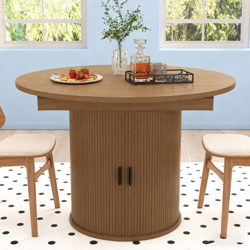 43.3''-63'' Extendable Round Dining Table For 4-6, Modern Farmhouse Expandable Dining Table With Wood Strip Base For Kitchen Living Room