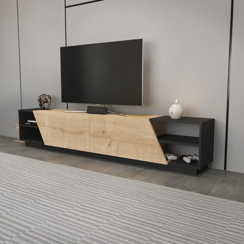 Modern TV Stand with Elegant Anthracite & Oak Finish, 94.5 x 14.6 x 18.7 inches | 100% Melamine Coated Particle Board, Thickness: 0.7 inches | Stylish Design for Living Room & Entertainment Spaces, Durable & Functional