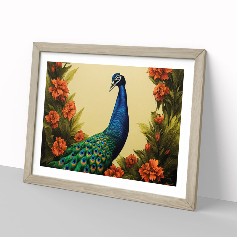 Pleasing Peacock - Single Picture Frame Print, Oak Framed, 46cm H x 64cm W x 2cm D