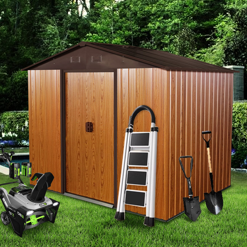 8ft X 6ft Outdoor Metal Shed In Coffee. Galvanized Iron Construction, Paint, Punched Vents For Better Ventilation. Sliding Doors And Padlock. Easy To Put Together. Resistance Storage Shed, Robust