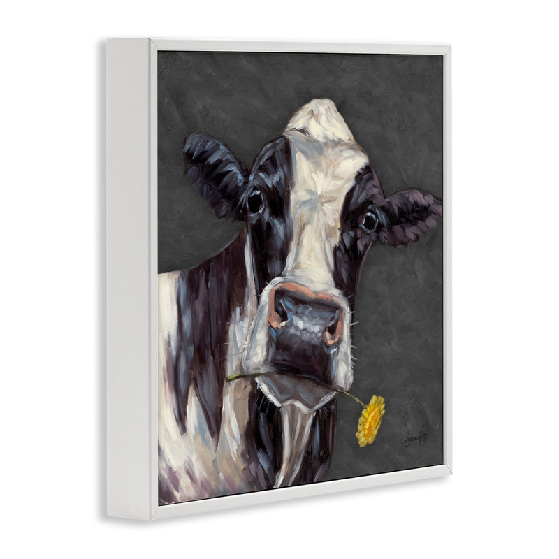 «Vache avec marguerite jaune» par Stupell Industries, H 12 po x l 12 po, Giclée encadrée blanc bord de mer