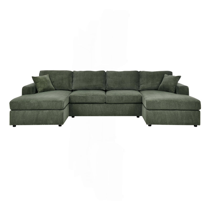 3 - Piece Corduroy Double-Chaise Sectional, Green Corduroy