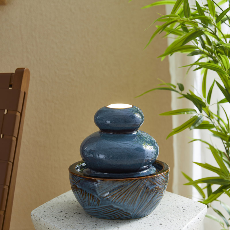 Outdoor Fountains with LED Lights - 8.75"H Turquoise Leaf-Textured Ceramic Tabletop Water Feature for Home & Garden