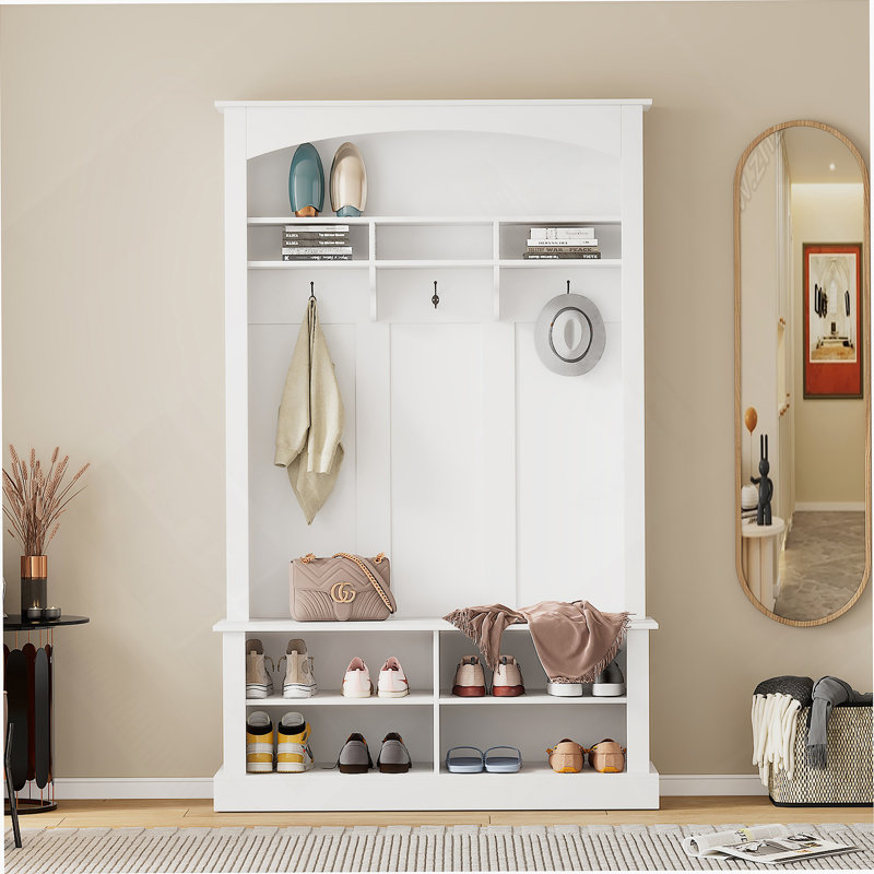 47.2'' Wide Hall Tree with Bench and Shoe Storage, Multi-functional Storage Bench