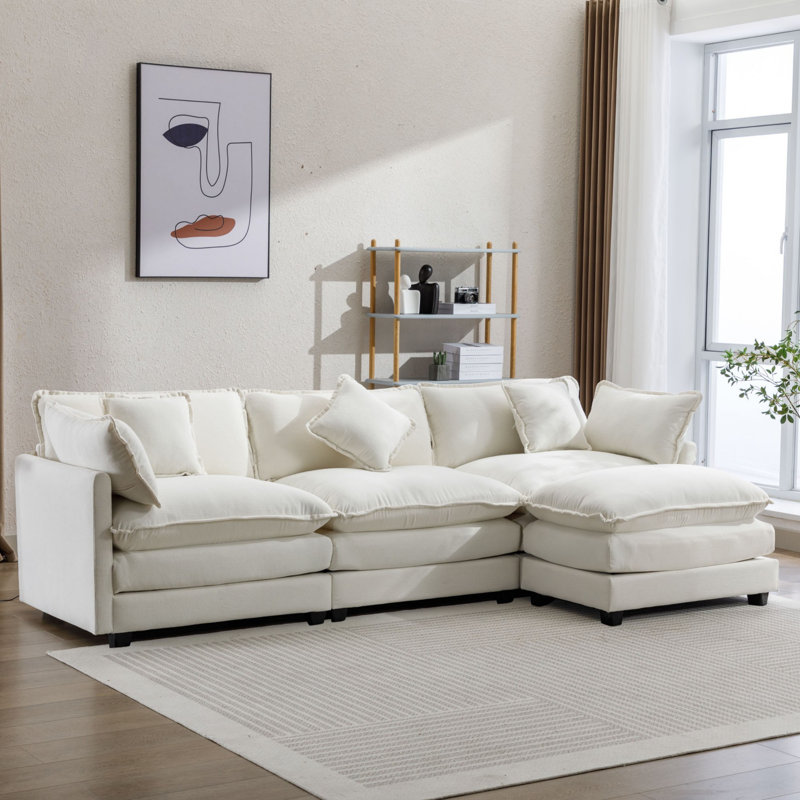 Canapé modulaire en L à 2 places avec repose-pieds et causeuse, Chenille verte, 33" H x 76.7" W x 35", Orienté à droite