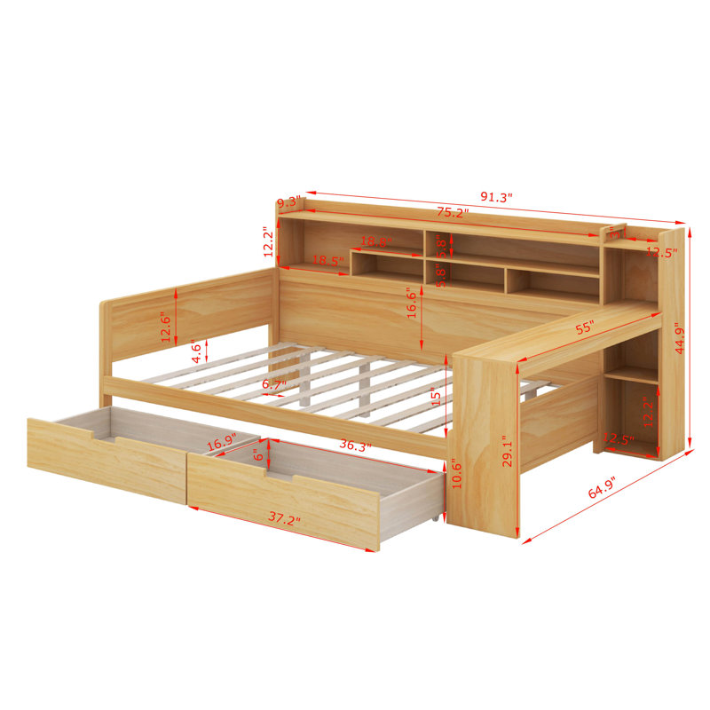 Lit de jour double avec tablettes, tiroirs et bureau, Naturel
