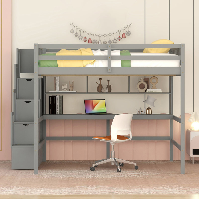 Lit mezzanine double avec bureau intégré, bibliothèque, tablettes, escalier de rangement, Gris