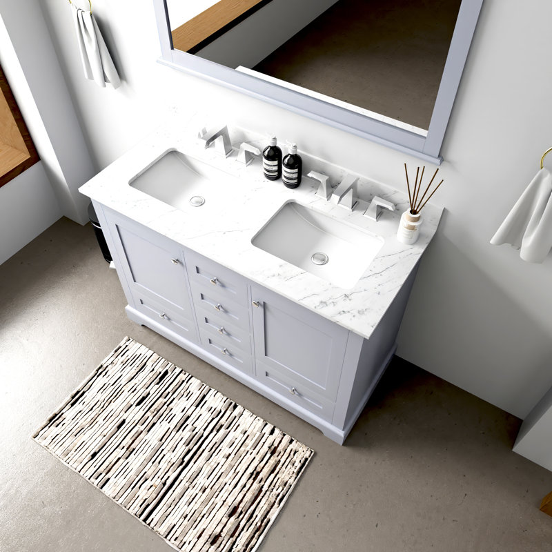 Dukes 48 in. W x 22 in. D Double Bath Vanity and 46 in. Mirror, Dark Gray, White Carrara Marble