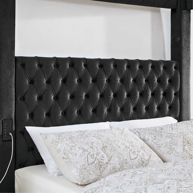 Structure de lit à baldaquin grand lit, lit plateforme tapissier en velours avec tête de lit capitonnée, haut-parleur Bluetooth intégré, ports de charge USB-A et USB-C, sommier robuste