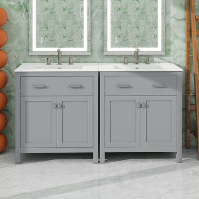  60" Stylish Bathroom Vanity With Dual Sink Set Dual Vanities Adjustable Shelf Soft Closing Doors